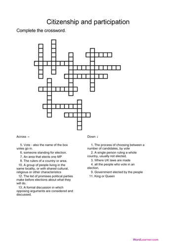 Citizenship And Participation Crossword Teaching Resources