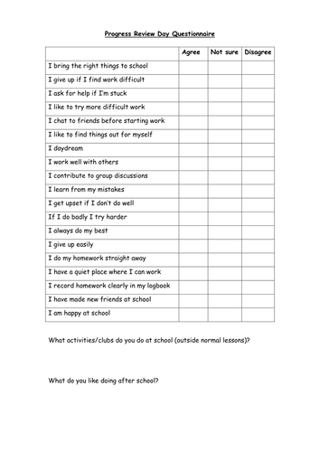 Student progress review questionnaire