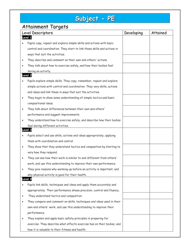 Level Descriptors 1-8 for P.E.