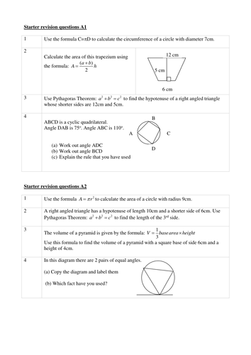 GCSE Revision Worksheets suitable as Starters