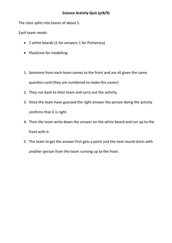 Science Activity Quiz Year 8/9