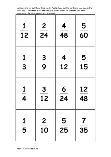 Equivalent fractions Snap Game. KS3-4 Ages 11-16