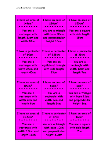 Area and perimeter true/false cards