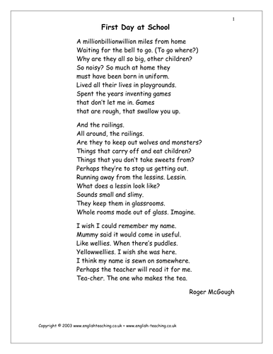 School.  'First Day at School' by Roger McGough