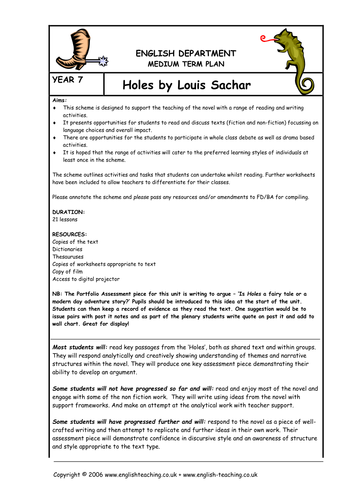 Schemes of Work: Prose.  Holes by Louis Sachar