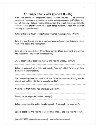 An Inspector Calls by J. B. Priestley: Worksheets