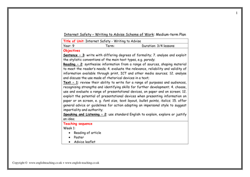 Writing to Advise.  Internet Safety.