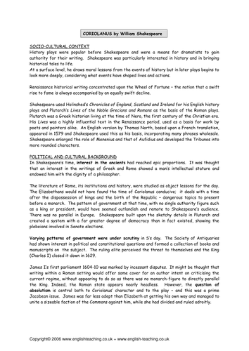 Coriolanus by Shakespeare: Background Information