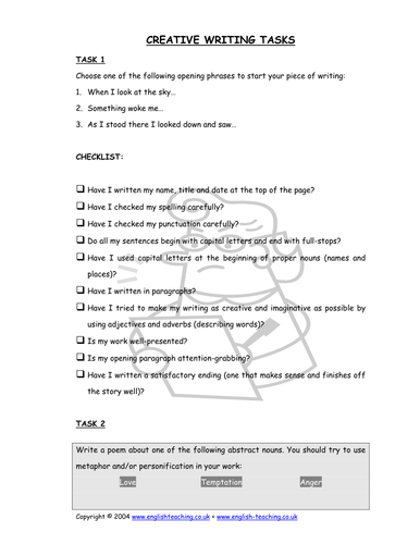 creative writing tasks teaching resources