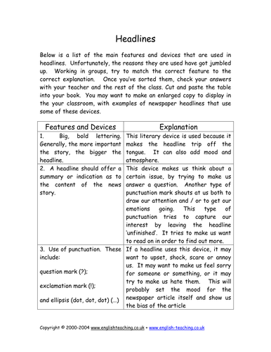 Headlines.  Card sort activity