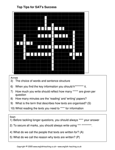 SATs Success Crossword Teaching Resources