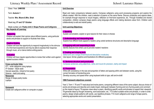 Year 3 Literacy Shape Poems