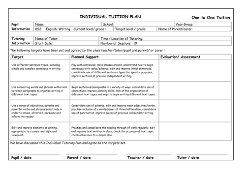 One to One Tuition Plan - Writing