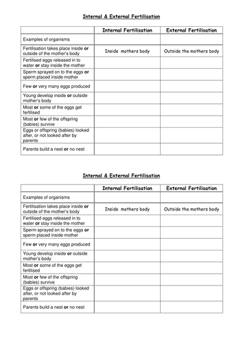 for middle school animal worksheet internal by external Comparing and fertilisation