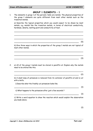 group 1 elements worksheet teaching resources