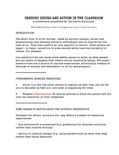 SENSORY ISSUES AND AUTISM IN THE CLASSROOM