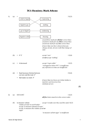 Particles & Solutions mark scheme HT