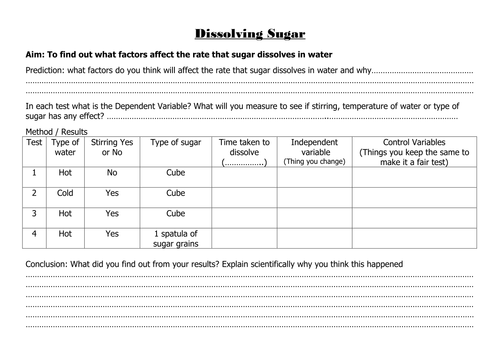 Investigating dissolving sugar worksheet HT