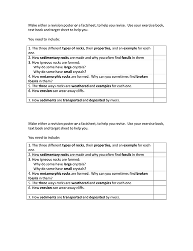 Rocks Revision poster worksheet HT