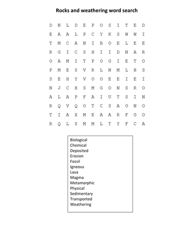 Rocks and weathering wordsearch HT