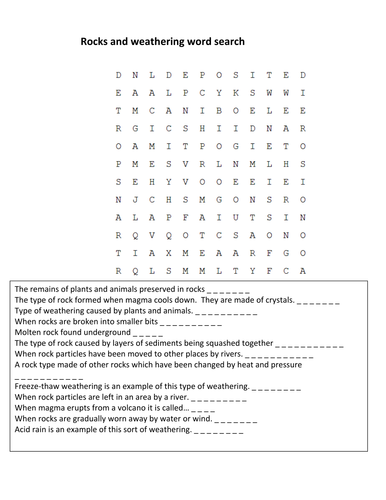 Rocks and weathering wordsearch Diff HT