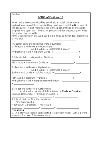 Acids and alkalis worksheet HT