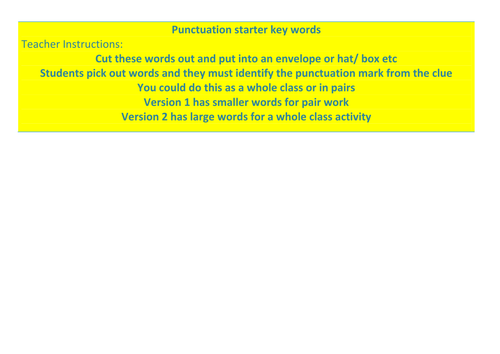 Punctuation Key Words Starter Activity: Flashcards