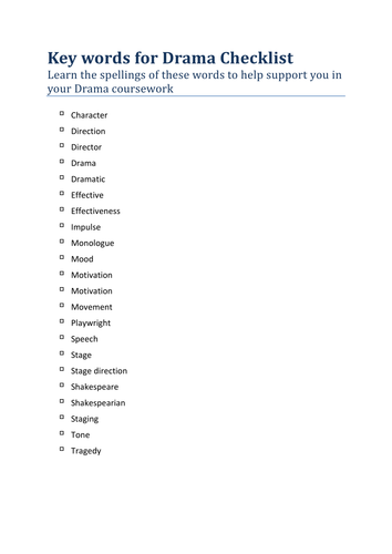 Key words spelling focus for Drama    HM