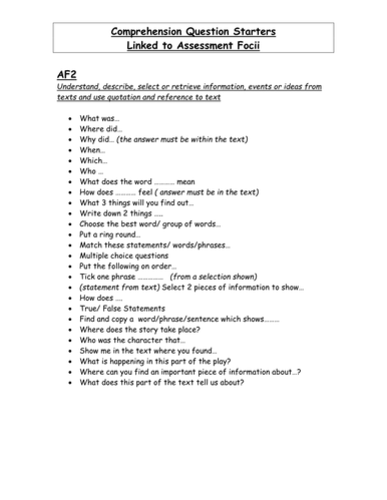 Prehension Question Starters Linked To AF S By KCOATES