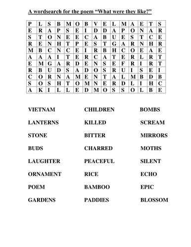 wordsearches for poems from clusters 1 and 2
