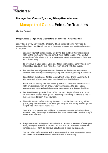 Teachers TV: Ignoring Disruptive Behaviour