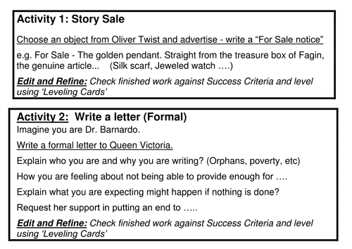Oliver Twist Writing Activities Teaching Resources