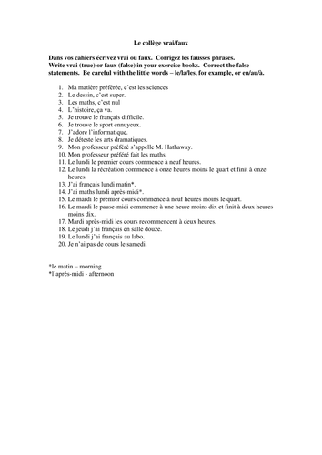 Mon collège vrai/faux