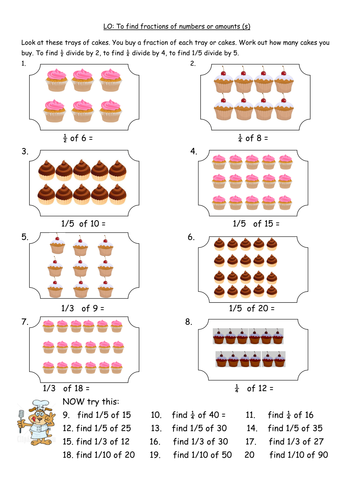 Y4finding fractions of amounts & number worksheets by clangercrazy