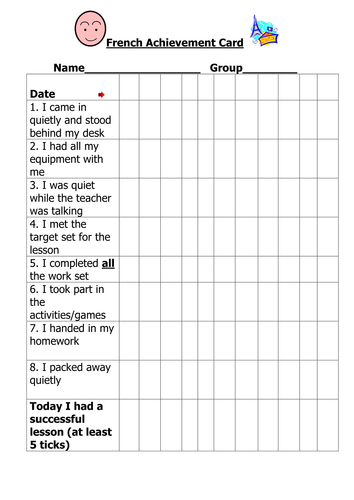 French Achievement card for behaviour management