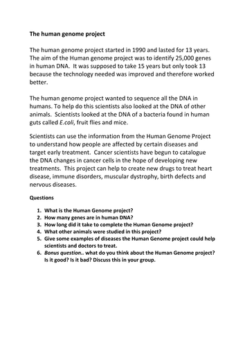 Human Genome Project worksheet HT