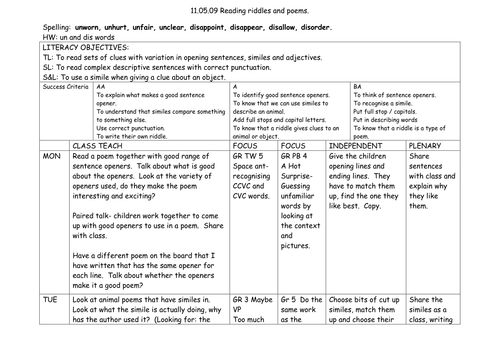 Riddles/ Poetry  weekly planning