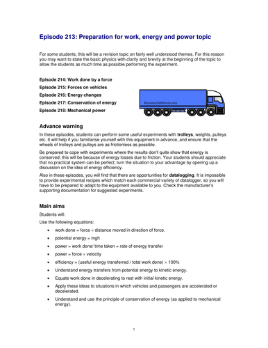 Preparation for work, energy and power topic