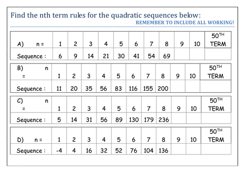 Quadratic Sequences, worksheet by sbinning - Teaching Resources - Tes