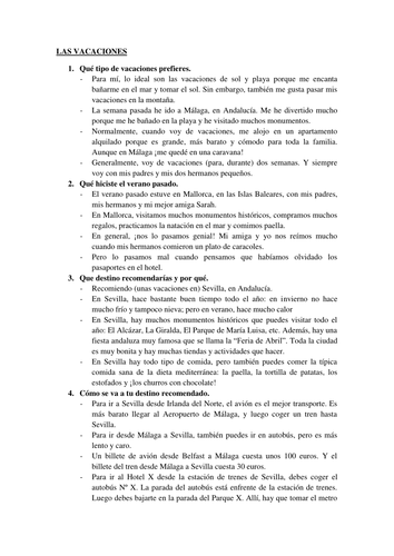 Spanish Holidays questions - Las vacaciones