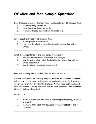 Of Mice And Men By John Steinbeck Worksheet Teaching Resources