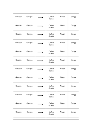Respiration Word Equation Card Sort Plenary