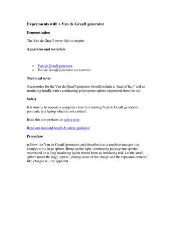 Experiments with a Van de Graaff generator
