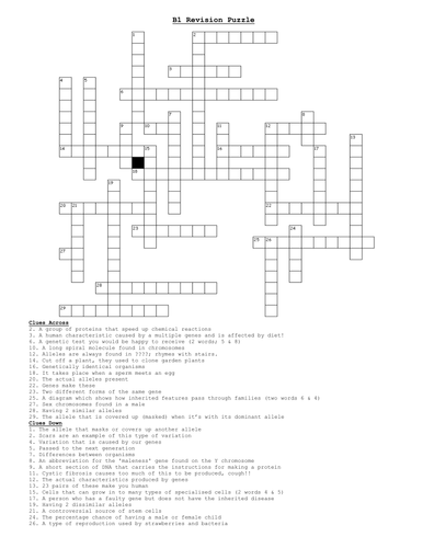 Revision Crossword: OCR, B1, 'You and Your Genes' | Teaching Resources