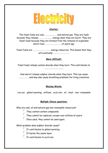 Fossil Fuels cloze | Teaching Resources