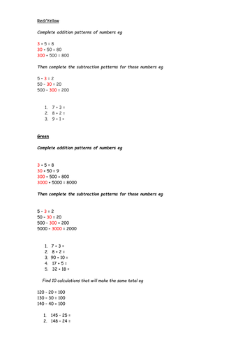 Number Patterns Addition and Subtraction