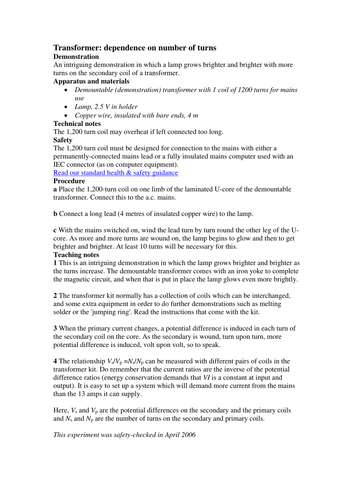Transformer: dependence on number of turns