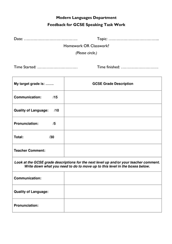 GCSE Languages Pupil Mark Scheme/Progress Sheets