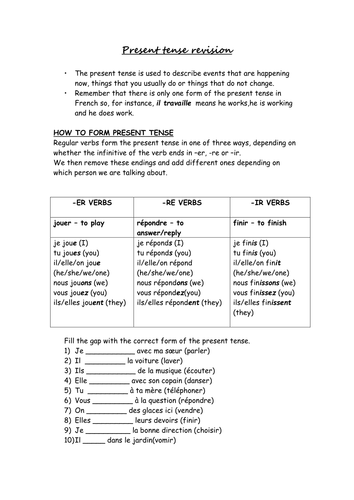 present tense sheet teaching resources