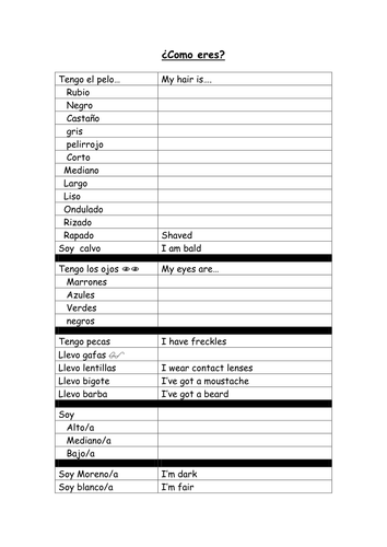 Como eres - vocab sheet